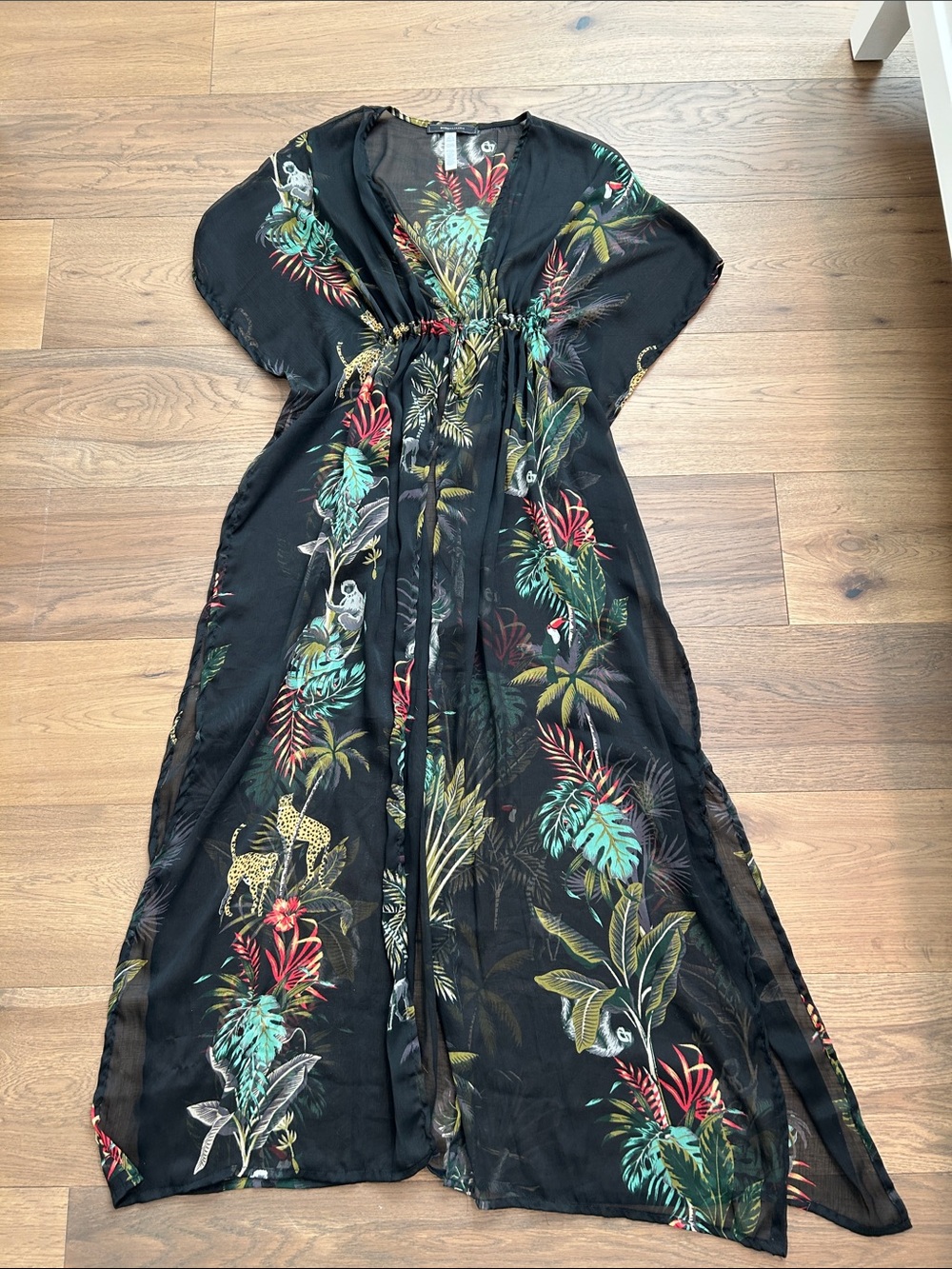 BCBGMaxAzria Black Tropical Print Maxi Cover-Up Dress